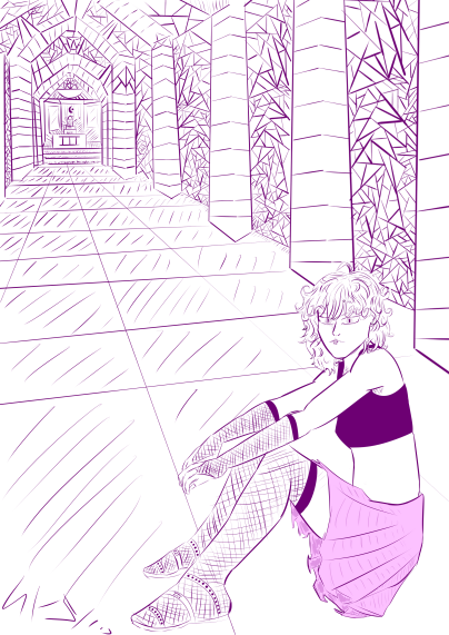 A character sitting on the floor in a corridor (like cathedral ones). A digital draw from myself, My beloved Astria.