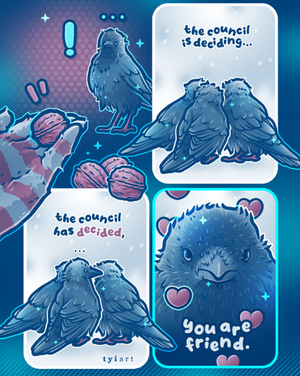 Digital drawing of a 4-part comic page showing jackdaws accepting a wallnut from the viewer's hand