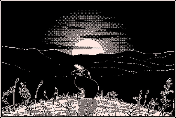 Un dessin en pixel art 1 bit (c’est-à-dire en noir & blanc) qui représente un lapin, assis de dos et qui a la tête tournée de sorte qu’il nous regarde d’un œil, au premier plan diverses herbes dont de la luzerne, de la grande armoise, de l’achillée mille-feuilles. En arrière-plan, un soleil levant ou couchant commence à éclairer légèrement des collines en contrebas encore très sombres. Quelques nuages planent au-dessus du soleil.