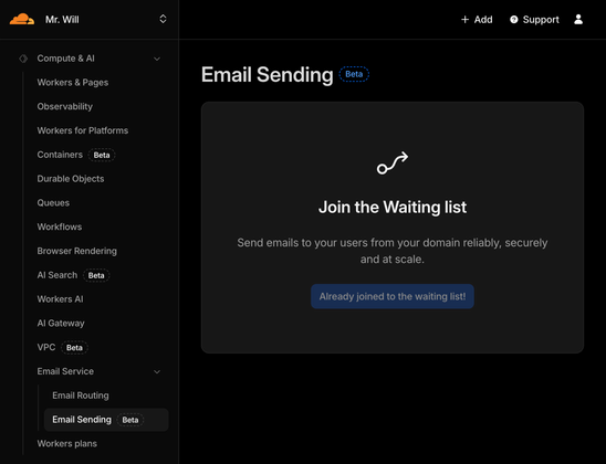The Cloudflare dashboard shows the Email Sending beta page with a confirmation button stating, "Already joined to the waiting list!"