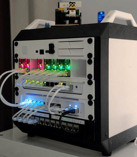 Die Rebel Homebase im Vollausbau: Ein selbstgedruckter 10-Zoll-Server-Cube in Schwarz-Weiß-Optik mit sechs leuchtenden Raspberry Pi Compute Module Blades (CM4/CM5). Man sieht die strukturierte Verkabelung über ein Keystone-Patchpanel und den zentralen Ubiquiti PoE-Switch, während oben ein kleiner LEGO-LPI-Pinguin über den K3s-Cluster wacht.