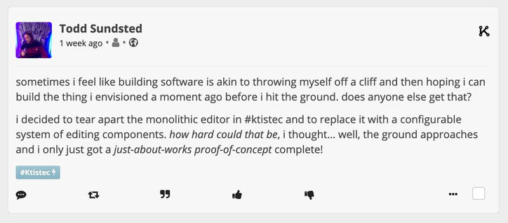 a post that federated to a Friendica instance showing the Ktistec icon in the top right hand corner 