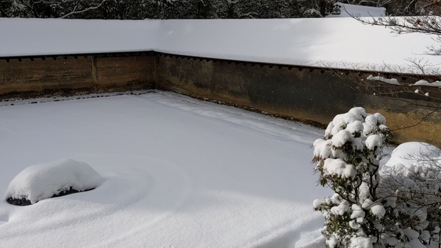 Snow carpets Ryoan-ji's dry landscape garden.