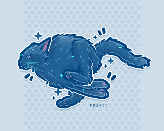 Drawing of a dark blue cat zooming to the left with tongue out