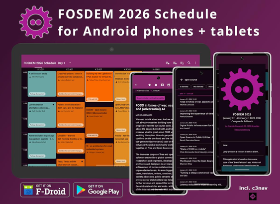 Dark mode screenshots of the FOSDEM 2026 Schedule for Android phones + tablets. Available via F-Droid and Google Play. Incl. c3-nav.