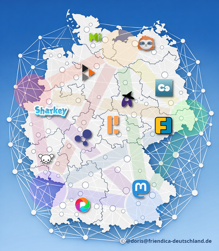 Grafik einer Deutschlandkarte mit Bundesländern als Symbole für Fediverse-Anwendungen. Punkte stehen für Instanzen, Linien zeigen die föderierte Vernetzung.