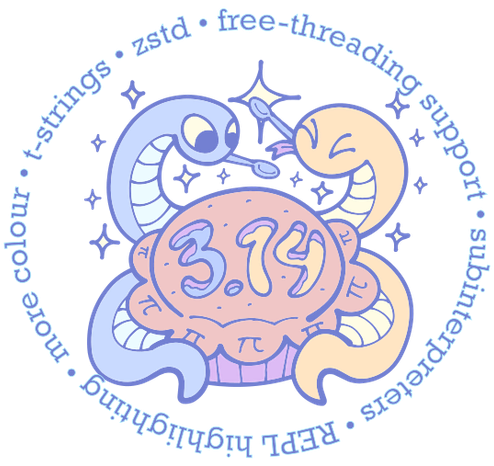 Two snakes enjoying a pie with 3.14 on the top and π crimping.