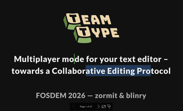 Screenshot of the title slide of our talk: "Teamtype – Multiplayer mode for your text editor – towards a Collaborative Editing Protocol"