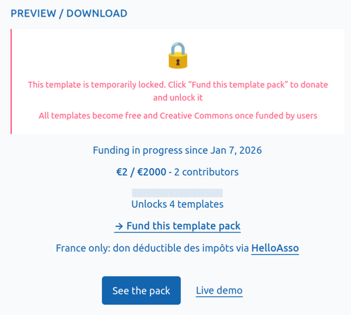 This is the message displayed to show what is reached as of now:

This template is temporarily locked. Click “Fund this template pack” to donate
and unlock it
All templates become free and Creative Commons once funded by users
Funding in progress since Jan 7, 2026
€2 /€2000 - 2 contributors
Unlocks 4 templates
= Fund this template pack
France only: don déductible des impéts via HelloAsso
See the pack
Live demo
