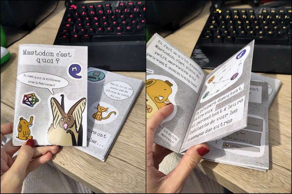 deux photos qui présentent les deux zines, le premier est tenu dans une main et on voit la front page avec marqué "Mastodon c'est quoi ?" le second zine est en-dessous, sur la seconde photo le premier zine est ouvert et on voit deux pages au milieu agrafées ensemble