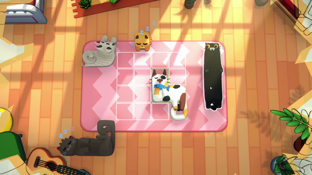 Gameplay footage of a cozy puzzle game called Catomino. The player is dragging and dropping soft, tetris-shaped cats into a grid on a rug. When the cats are placed or moved, they wiggle with satisfying jelly-like physics. The art style is warm and colorful, with sunlight casting shadows on the floor.