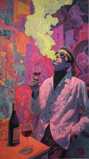 A stylized, painterly scene shows a lone figure standing in a dim, smoky room saturated with swirling neon colors—deep reds, purples, teals, and yellows that melt into each other like thick brushstrokes. The person wears dark sunglasses and a light-colored, slightly rumpled button-up shirt over a dark top, giving a late-night, after-hours vibe. One hand holds a glass of red wine near their face, while the other rests casually at their side.

From the figure’s mouth, a long plume of smoke rises upward, twisting and glowing yellow as it blends into the abstract background, becoming part of the room itself. A small table beside them holds a wine bottle and another glass, reinforcing the feeling of a quiet bar or lounge late at night. The walls behind are covered in hazy, mural-like shapes and faces that seem to emerge and disappear in the smoke, adding to the dreamlike atmosphere.

The overall mood evokes a solitary singer in a smoky room—introspective, emotional, and cinematic—capturing the late-night loneliness and yearning often associated with the opening imagery of “Don’t Stop Believin’,” where the music feels like it’s drifting through a dim bar filled with smoke, neon lights, and unspoken stories.