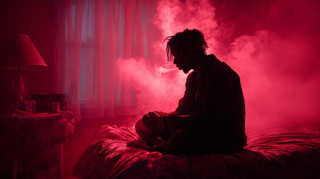 A dimly lit bedroom is bathed almost entirely in deep red light. A single figure sits on the edge of an unmade bed, shown in silhouette, with their head slightly bowed and shoulders hunched forward. Wisps of smoke drift from their mouth and curl around their face and upper body, filling the room and softening the edges of everything.

Behind the figure, sheer curtains hang in front of a window, barely visible through the haze. To the left, a small bedside table holds a lamp and a few indistinct objects, all partially swallowed by shadow and smoke. The person’s posture feels heavy and inward, as if lost in thought, with hands resting near their lap.

The overall scene feels quiet, intimate, and tense—lonely and introspective—using the red glow and thick smoke to create a sense of emotional weight, isolation, and late-night contemplation.