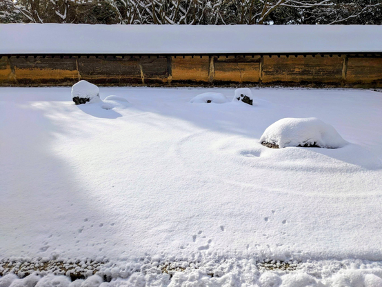 The dry landscape garden at Ryoan-ji carpeted in snow.