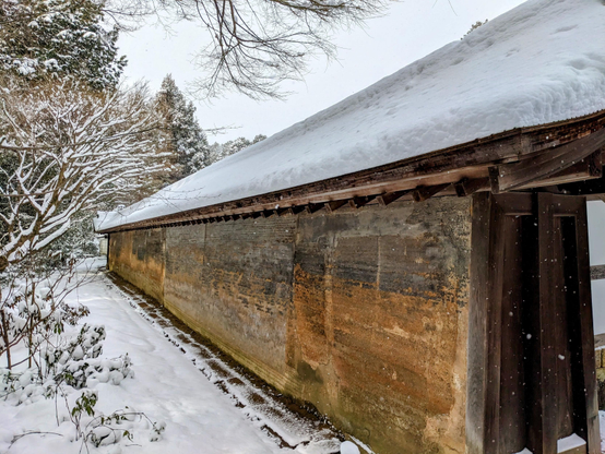 The famous wall behind Ryoan-ji's dry landscape garden in the snow. Made from clay it is mixed with oil and so overtime discolors into a beautiful orange.