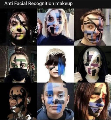 A grid of 3x3 photos of people with various geometric face paint art. The image is labeled "Anti Facial Recognition makeup".