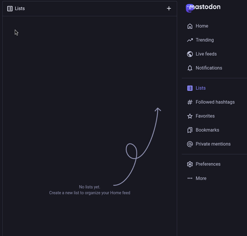 The empty Lists screen displays an empty page and prompts the user to create a list.