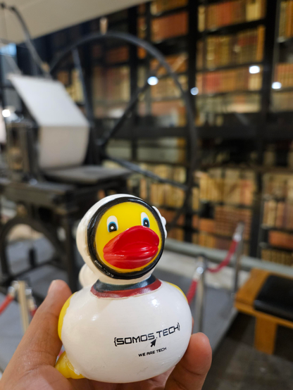 Duck in front of a old printing press