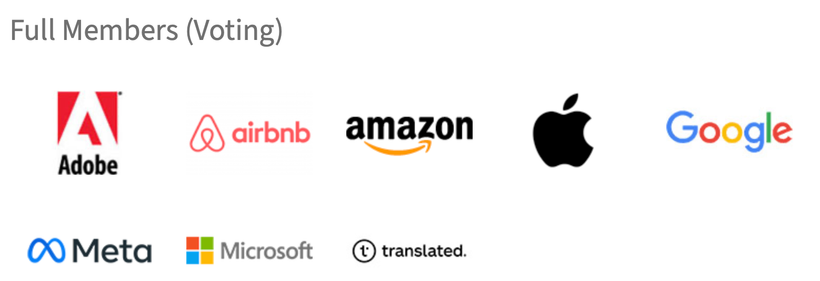 Full members (voting) of the Unicode Consortium (2026-01-25): Adobe, Airbnb, Amazon, Apple, Google, Meta, Microsoft, Translated.