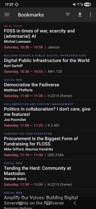 My bookmarked talks at Fosdem, all of which are red because they all overlap 🥲