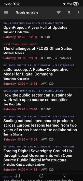My bookmarked talks at Fosdem, all of which are red because they all overlap 🥲