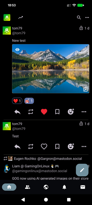 Fedilab timeline showing Misskey posts with reaction indicators. The post displays two types of reactions: a heart and a custom emoji.