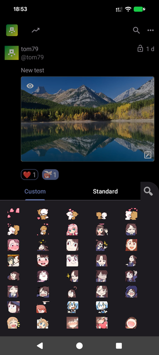Fedilab's reaction picker showing the "Custom" tab with custom emoji reactions. The interface displays a grid of anime-style emojis available for reacting to posts, with a search icon in the top right corner.