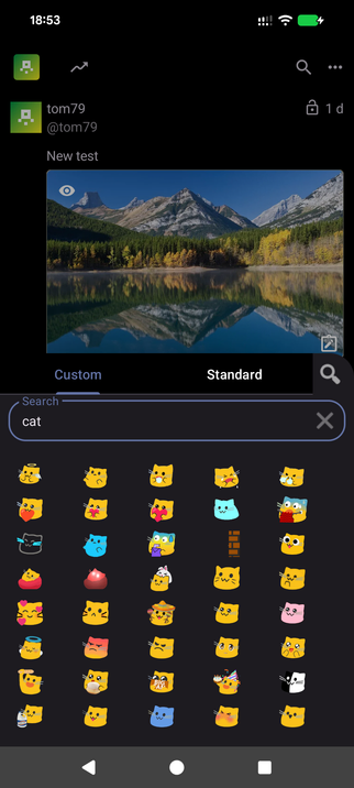 Fedilab's reaction picker with the search feature active, filtering for "cat" emojis. The results show various cat-themed custom emojis.