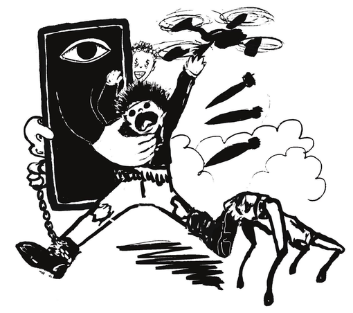 
Drawing: A Punk is grabbed by the collar by a mobile phone and that's why Herom is flying a drone and a robot towards him. Three rockets are also flying towards ijm from clouds.Fon behind the smartphone, the punk is still tied on one foot with a chain.