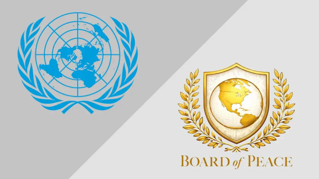 On voit côte à côte le logo des nations unies et le logo du "board of peace" de Donald Trump. 
Quelques similitudes comme la couronne de lauriers autour d'une carte du monde. Sauf que sur le logo du board of pièce on ne voit quasiment que les USA.