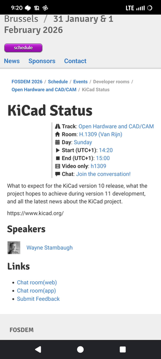 KiCad Status

A Track: Open Hardware and CAD/CAM

Room: H.1309 (Van Rijn)

Day: Sunday

Start (UTC+1): 14:20

End (UTC+1): 15:00

Video only: h1309

Chat: Join the conversation!

What to expect for the KiCad version 10 release, what the project hopes to achieve during version 11 development, and all the latest news about the KiCad project.

https://www.kicad.org/