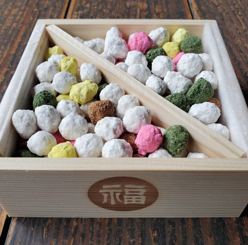 A box of sugar-coated soy beans, munched on for luck at Setsubun.