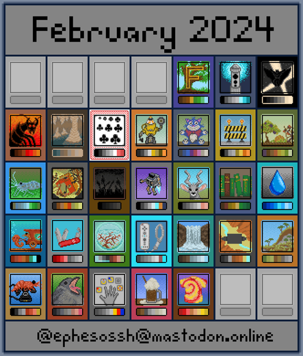 Calendar page for February, but each day is the #pixel_dailies piece I made for that day.