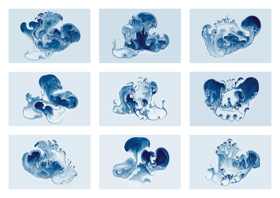 A 3x3 grid of complex abstract shapes created via fluid simulations as described at the start of this thread. The images have a monochromatic blue tint (the underlying simulation is just producing a grayscale image)