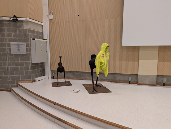 Two steel birds. Normally we store them in the smelly room, but now they are on stage in K building 