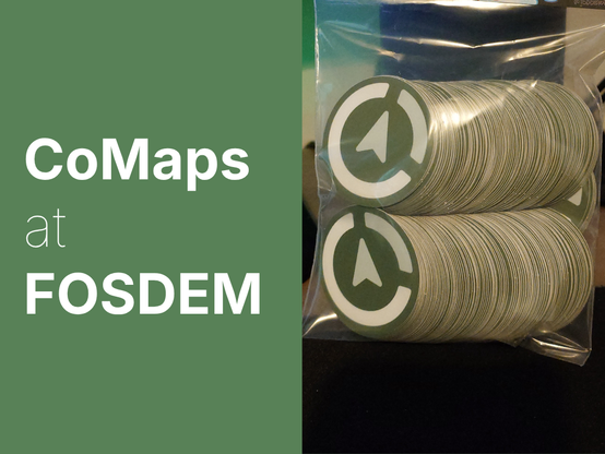 a sharepic saying "CoMaps at FOSDEM" with a photo of the stickers next to it