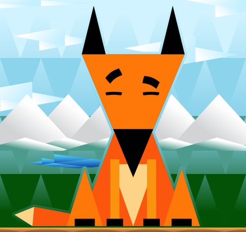 A stylized, geometric fox and landscape primarily made out of triangles.  The fox is made up of solid colours and the background triangles are more subtle gradients.