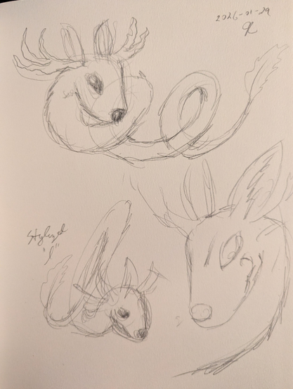A photo of a sketch book page showing 3 pencil drawings of a long looping creature.  Its body is reminiscent of a Chinese dragon, but fluffy.  The creature sports ephemeral antlers, large deer-like ears, and big black eyes.
