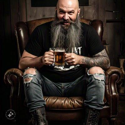 Avatar do @DrIceman, um homem careca, com barba longa, braço esquerdo tatuado, sentado em uma poltrona de couro, com calcas rasgadas no joelhos, vestindo uma camisa preta, segurando uma caneca de Chopp.