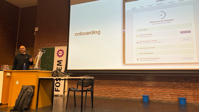 Matthias presenting the ActivityPub for WordPress onboarding screen 