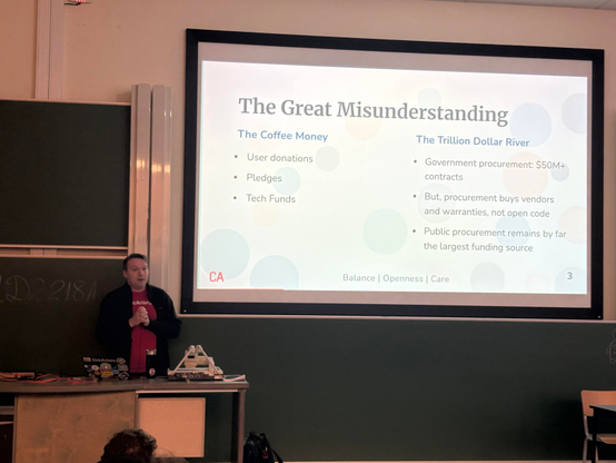A slide called the great misunderstanding, with man in front 
