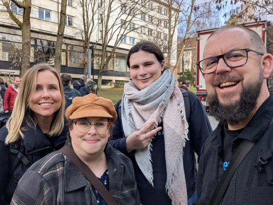 Fosstodon team smiling at FOSDEM
Gina, El, Em, me