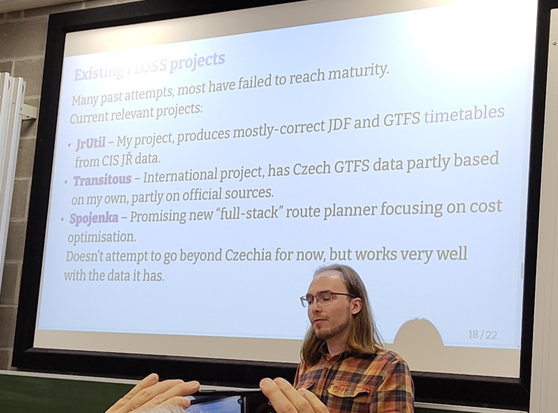 David Koňařík presenting the state of open data in Czech public transport.