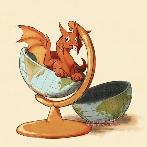 a drawing of a small red dragon sitting in a globe that's been split open
