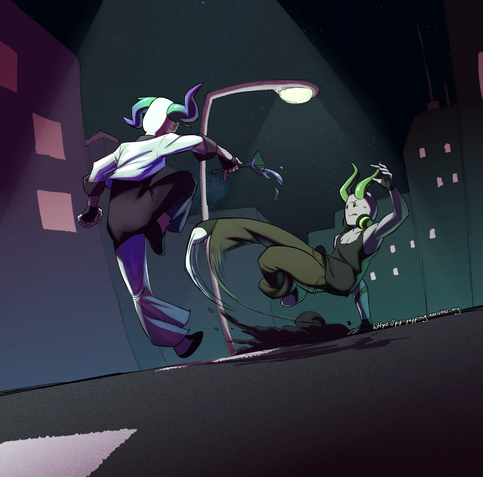 a drawing of 2 original characters fighting in a city scene. the one on the right belongs to Rhymnyx