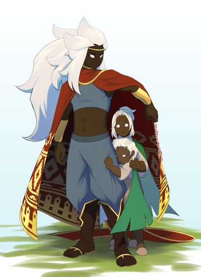 a drawing of 3 characters, 1 adult and 2 children. the 2 children are hiding beneath a cape which the adult is wearing