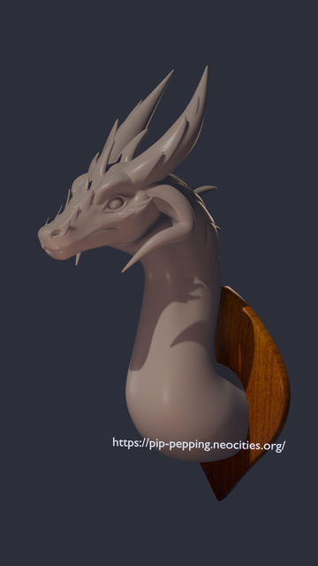 a 3d model of a dragon head, which is mounted on a wooden plaque
