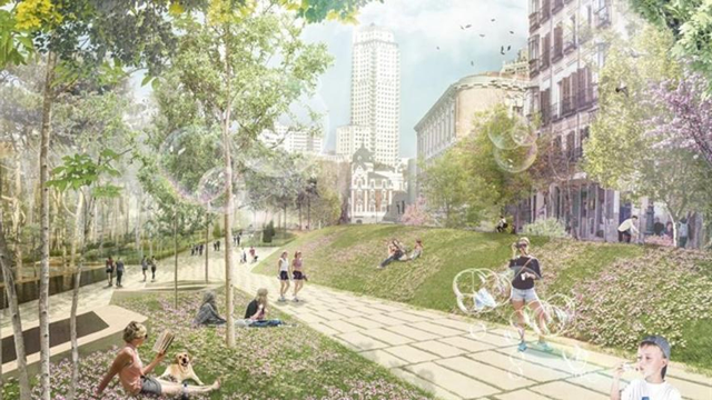 An architect's render of a modern urban park. It show a beautiful sunny day, with a multitude of trees producing foliage in various shades of green, and lots of shiny happy people (all of them white, naturally) lounging around, creating giant soap bubbles, and otherwise thoroughly enjoying their delightful new surroundings.