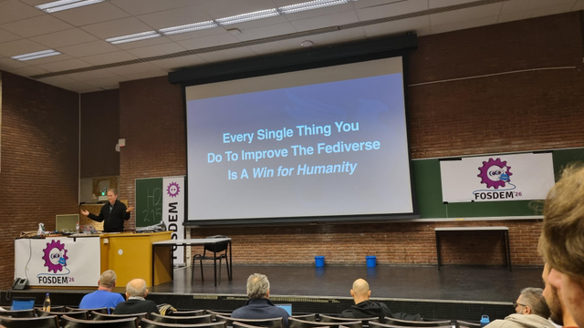 A slide of Ben Pate's talk about emissary.dev with "Every single thing you do to improve the fediverse is a win for Humanity" written on it