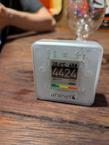 An Aranet4 air quality meter on a wooden table showing a CO2 reading of 4424ppm